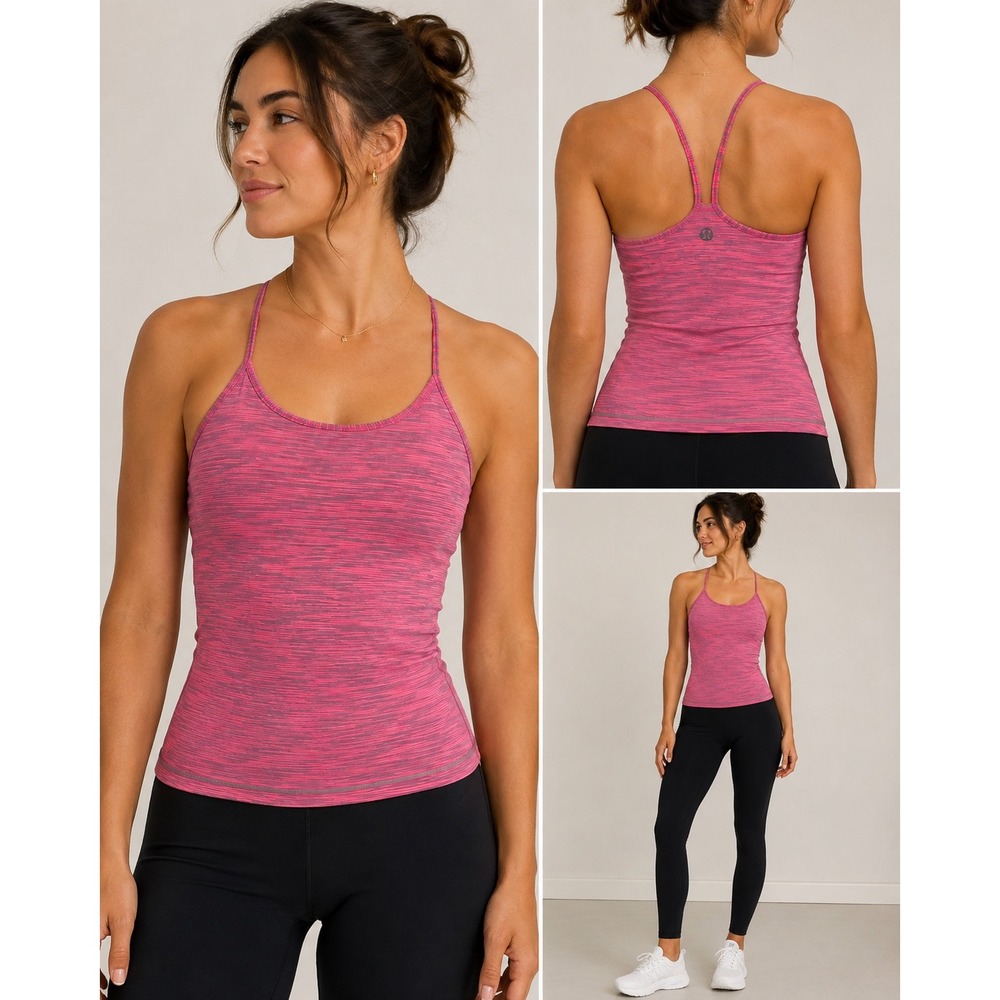 Lululemon Power Y Tank Top Pink Space Dye Built-in Bra Athletic Cami Size 10